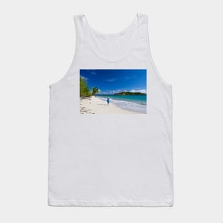 Woman in Blue on Sandy Beach Tank Top